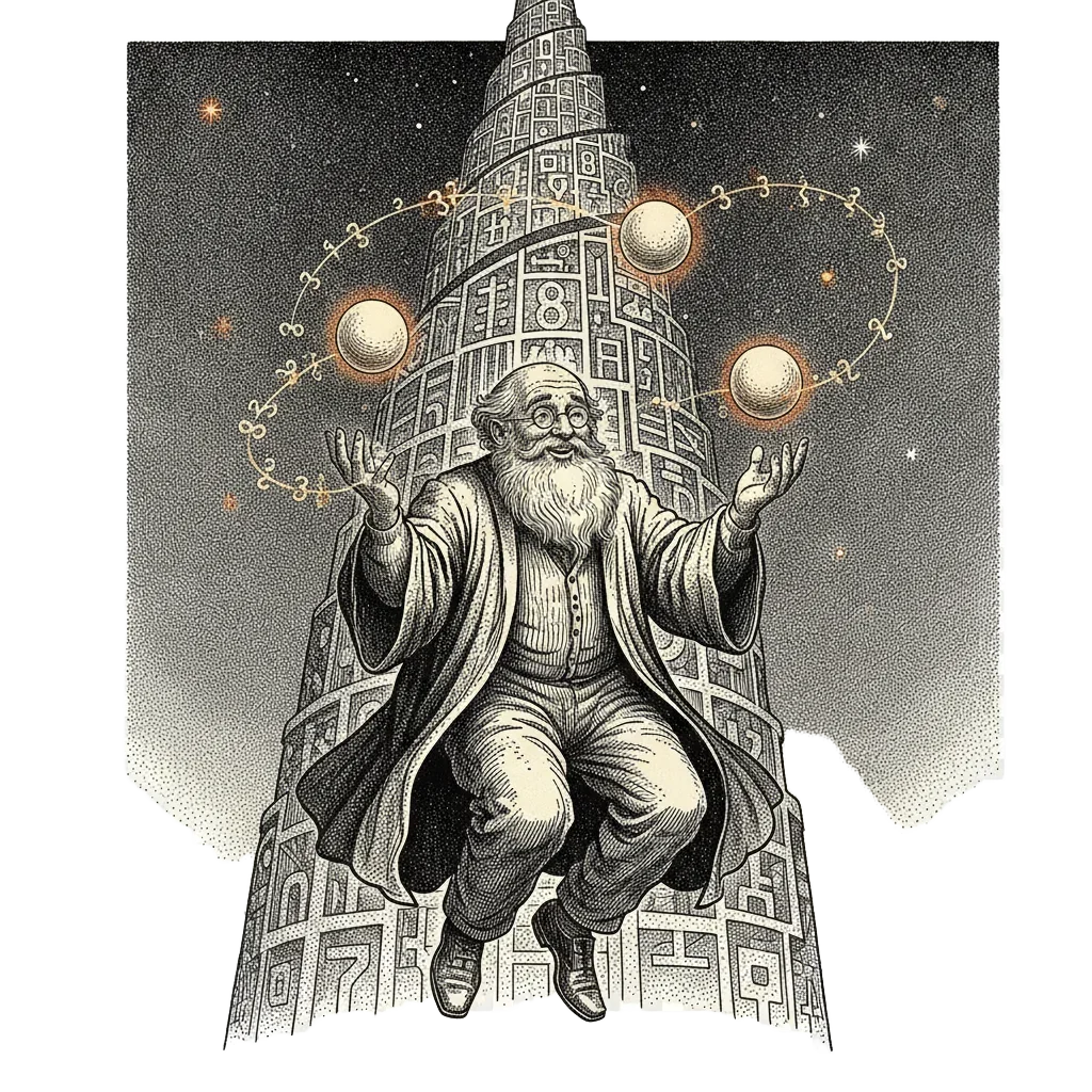 Reflective ink illustration of an older Ron Graham juggling glowing balls that trail streams of tiny 3s, with a 64-floor tower rising into a starry sky behind him