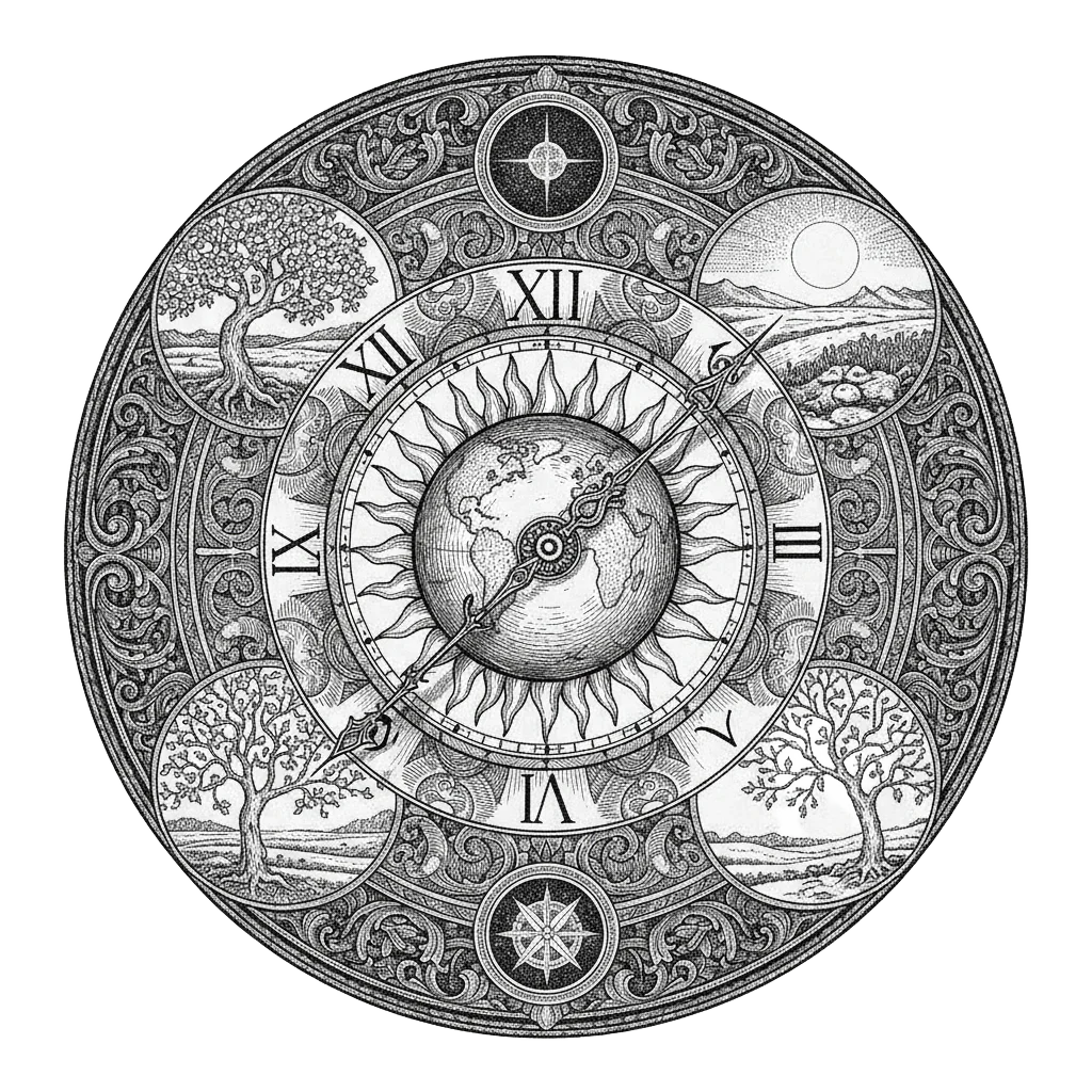 The Earth orbiting the Sun drawn as an elegant clock face, the hands trying to land on a whole number but always stopping just past it