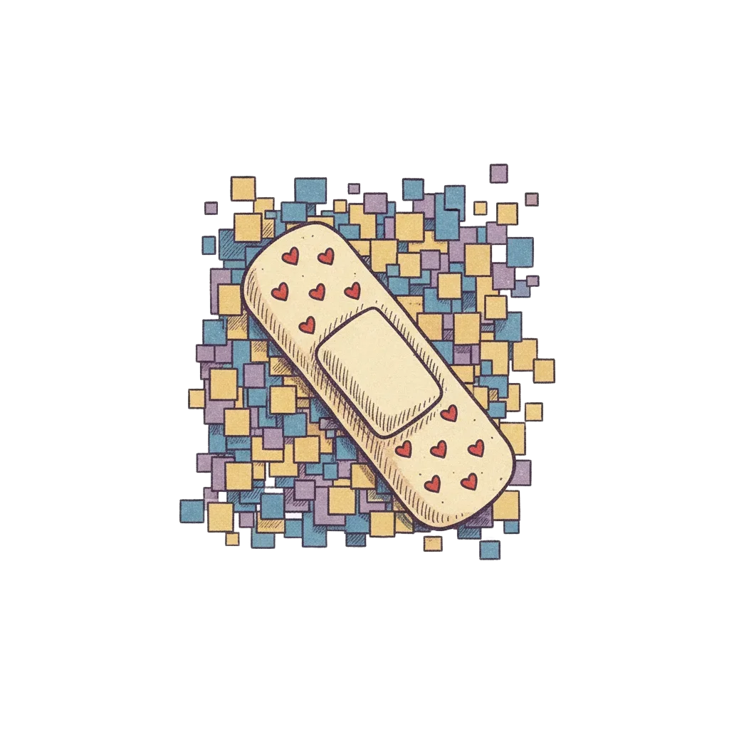 A small sticking plaster placed neatly over a glitchy corner of a Pac-Man screen