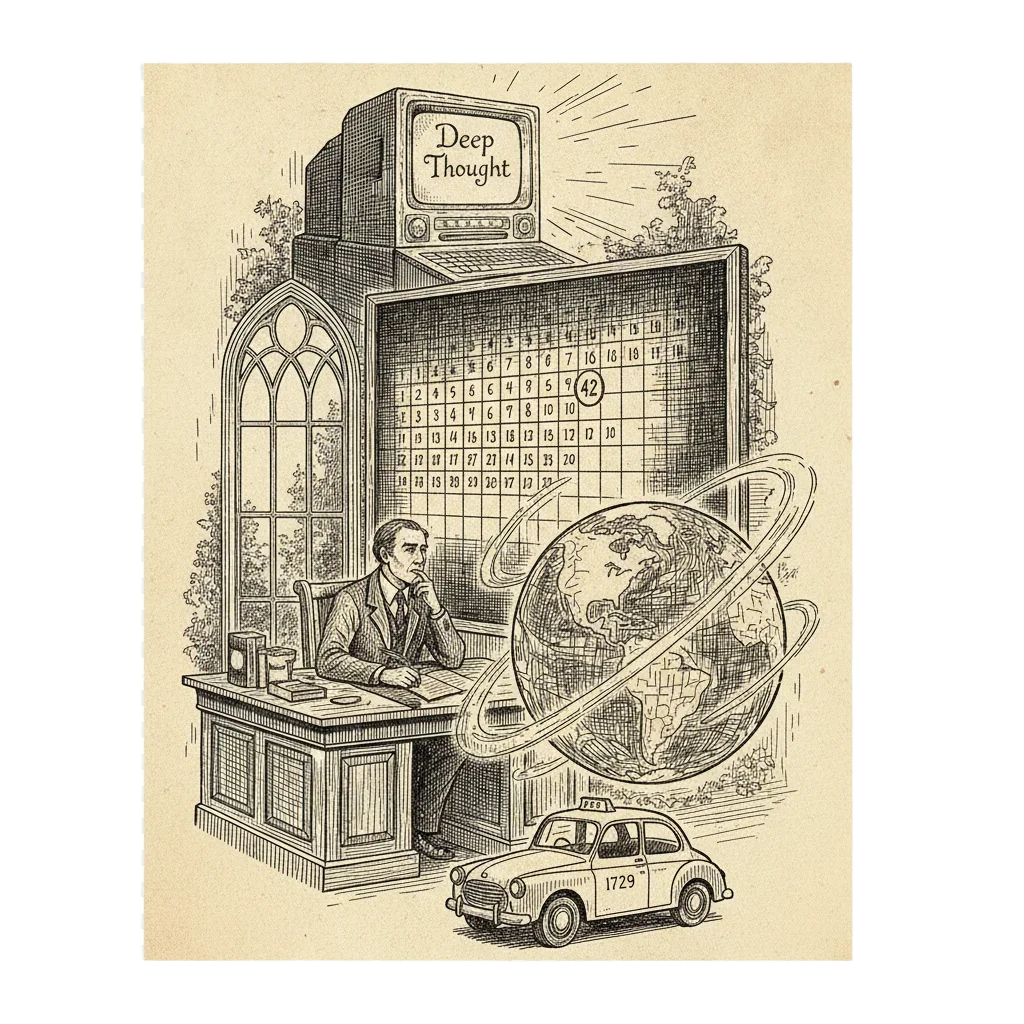 Final recap ink illustration combining Deep Thought, a desk by a garden window, a board with 42 ticked off, the Earth in a web of glowing computers, and a small taxi marked 1729