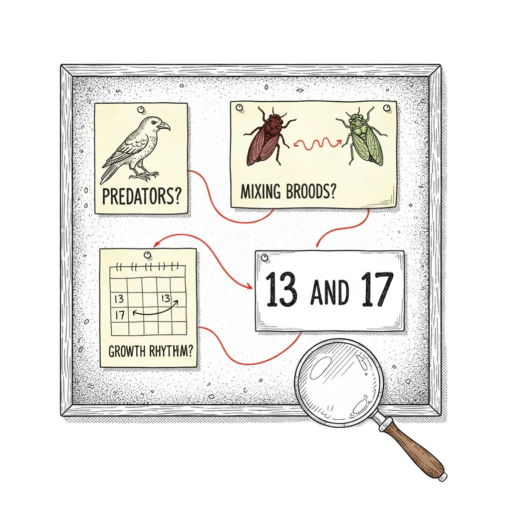 A detective corkboard with pinned notes: a bird labeled predators with a question mark, two cicadas labeled mixing broods, a calendar labeled growth rhythm, all connected by red string to a central card reading 13 and 17, with a magnifying glass on the desk
