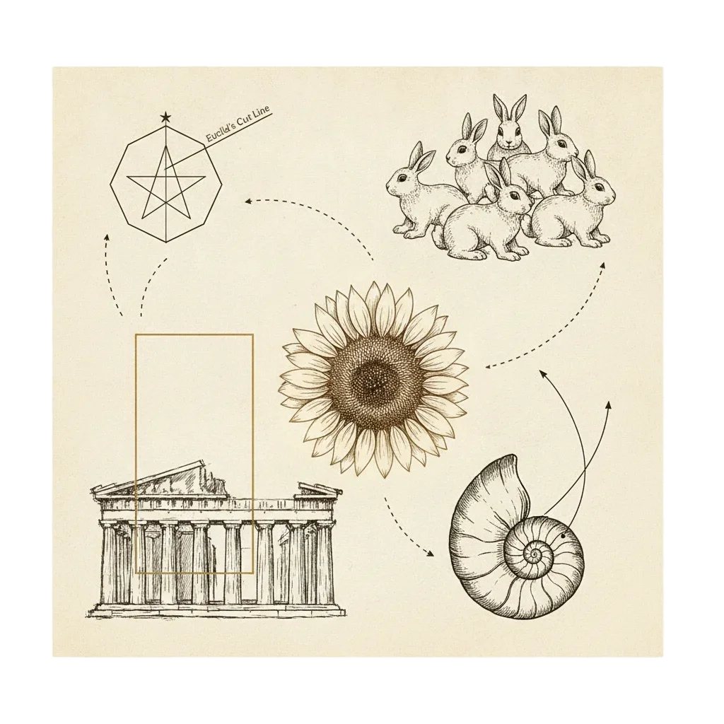 A final recap panel combining Euclid's cut line and pentagon star, Fibonacci's rabbits, a golden rectangle not fitting the Parthenon, a nautilus shell with two drifting spirals, and a glowing sunflower at the centre, all connected by dotted curving lines