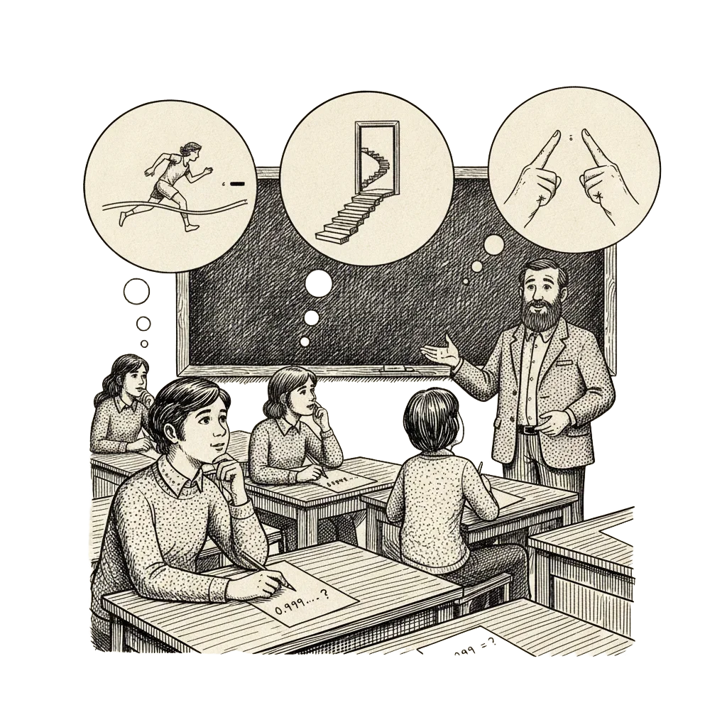 1970s university seminar room with puzzled students looking at sheets reading 0.999 equals question mark, thought bubbles showing a runner almost at the finish line and two fingers nearly touching, friendly lecturer in background