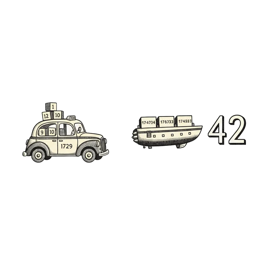 Playful ink illustration: on one side a small vintage taxi marked 1729 carrying four little cubes, on the other a gigantic spaceship carrying three colossal cubes heading for 42