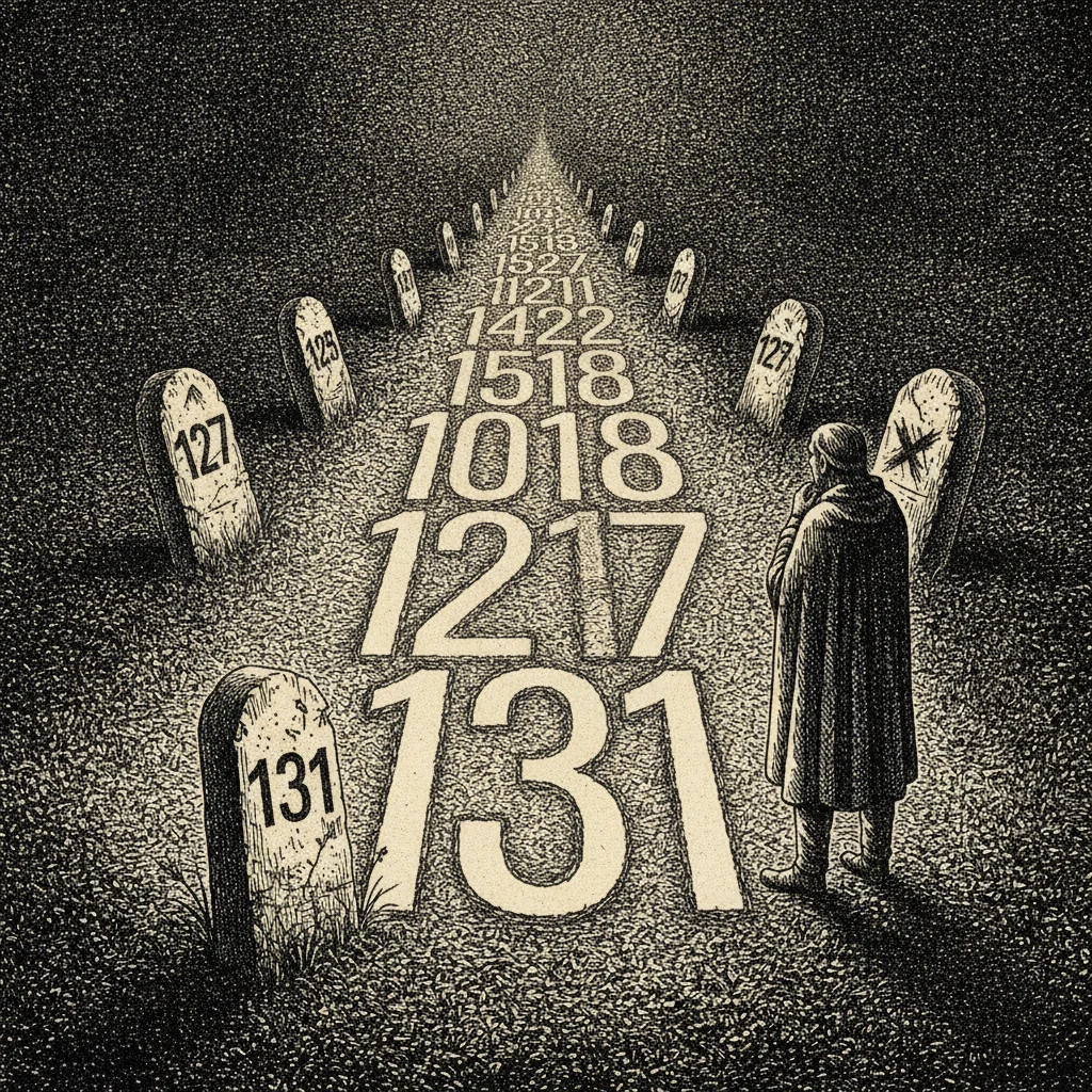 An endless road of glowing numbers with a freshly placed milestone reading the new prime record, older weathered milestones behind, and a lone figure looking ahead