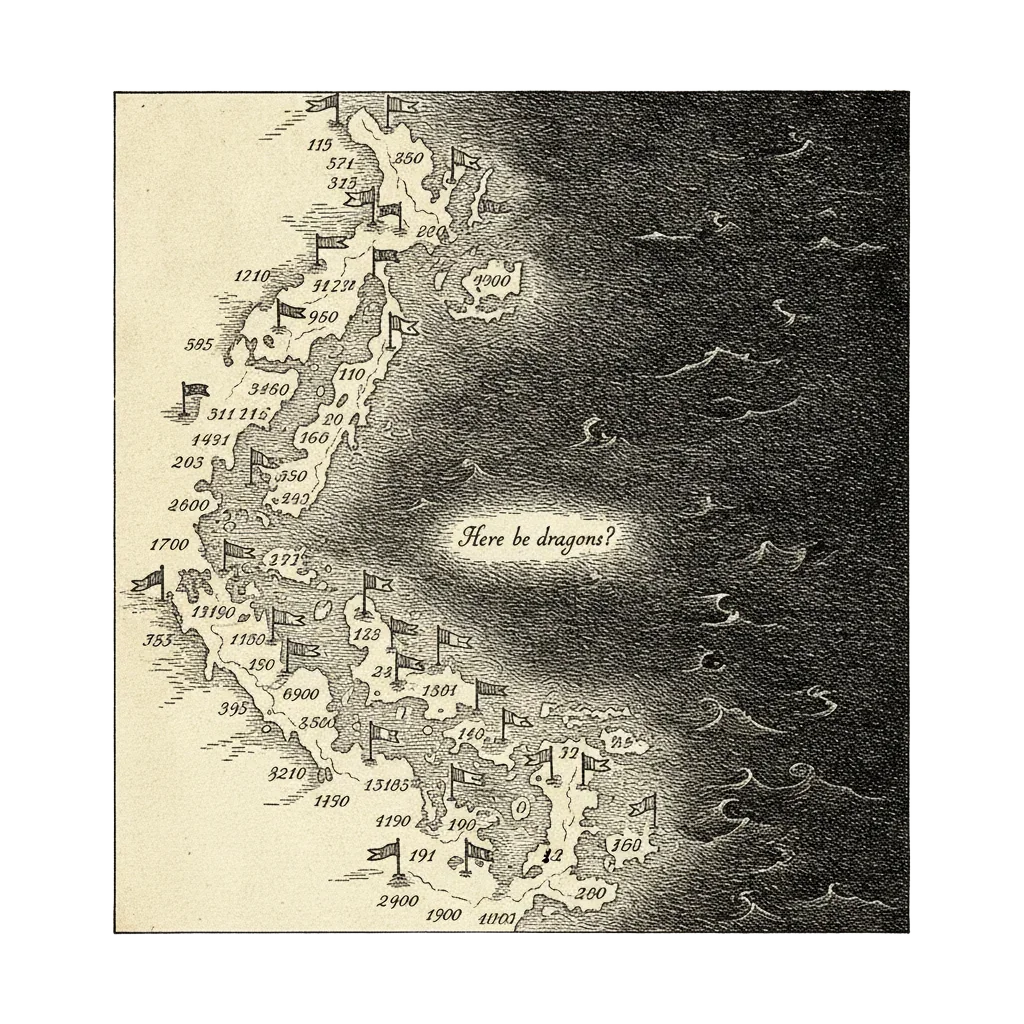 Ink old nautical chart with a brightly lit coastline of checked numbers all ending in flags at 1, and beyond it a vast dark ocean labelled Here be dragons