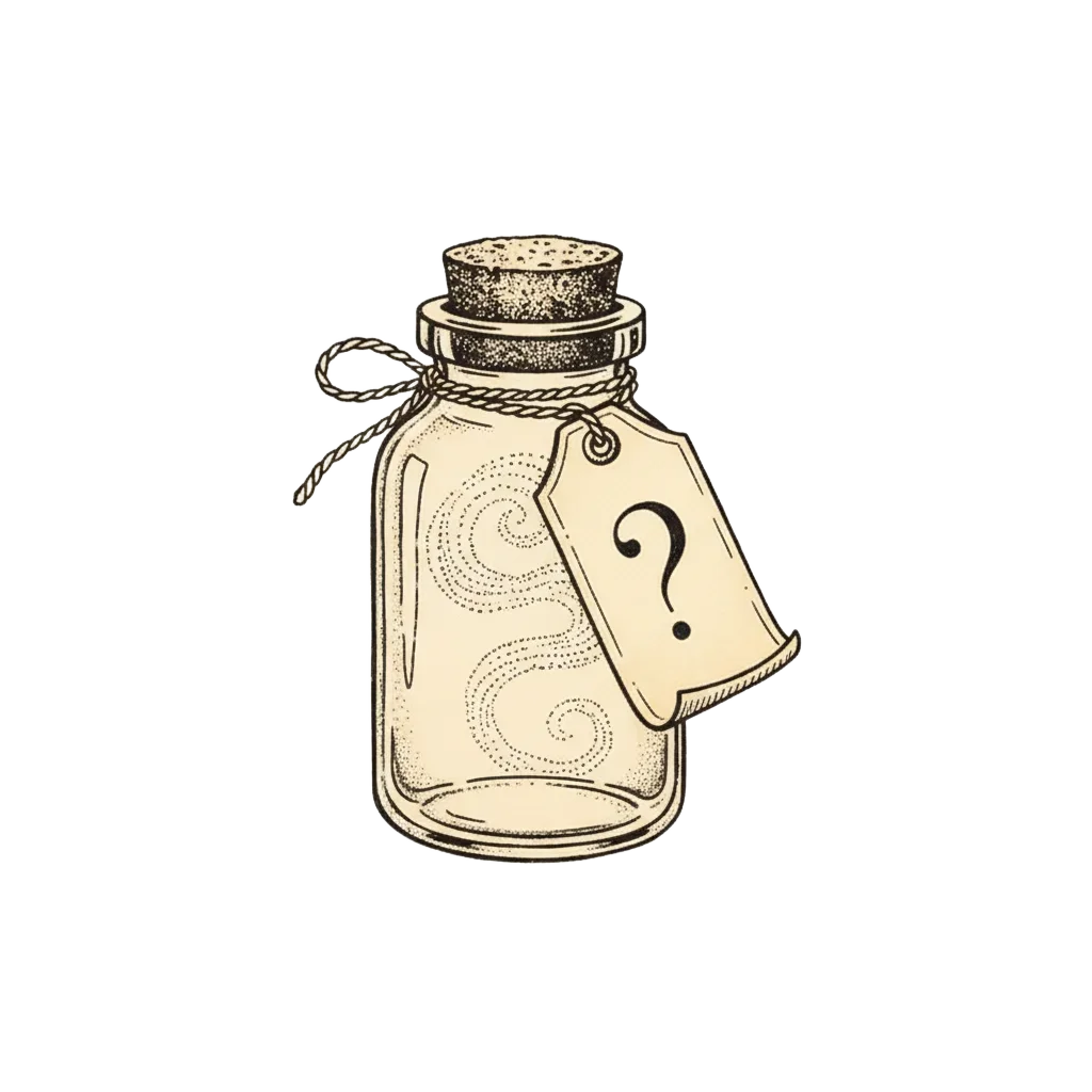 A glass jar of gas with a blank label showing only a question mark