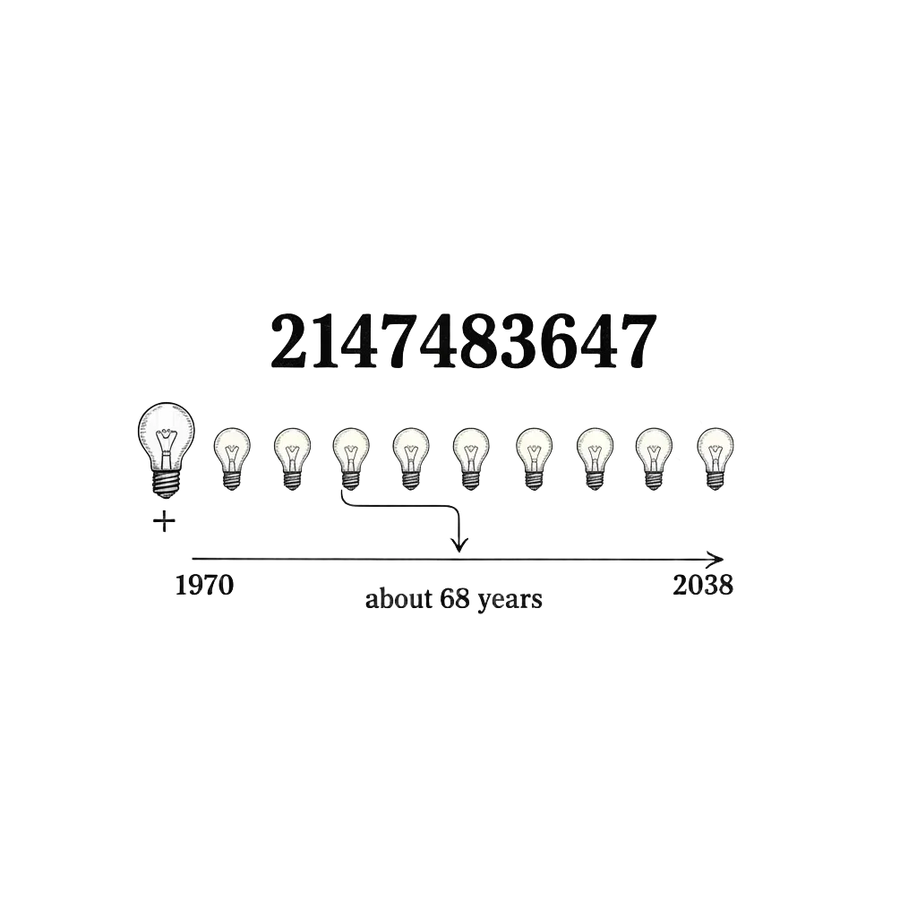 Ink illustration of 32 light bulbs, one marked plus/minus, 31 glowing, with the number 2,147,483,647 above and a timeline arrow from 1970 to 2038 below