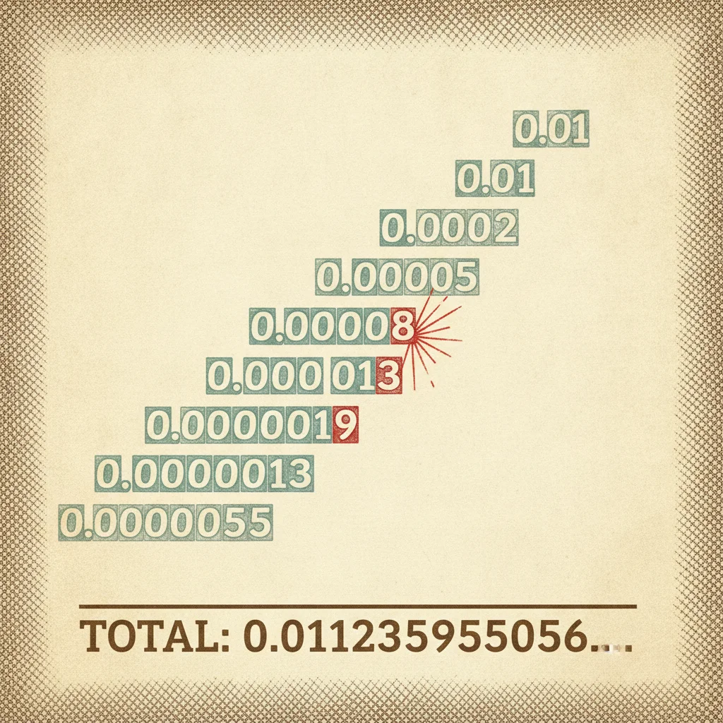 Coloured block staircase of Fibonacci numbers, each row shifted right, with 13 overflowing into the 8 column, turning it into a 9, total bar reading 0.011235955056