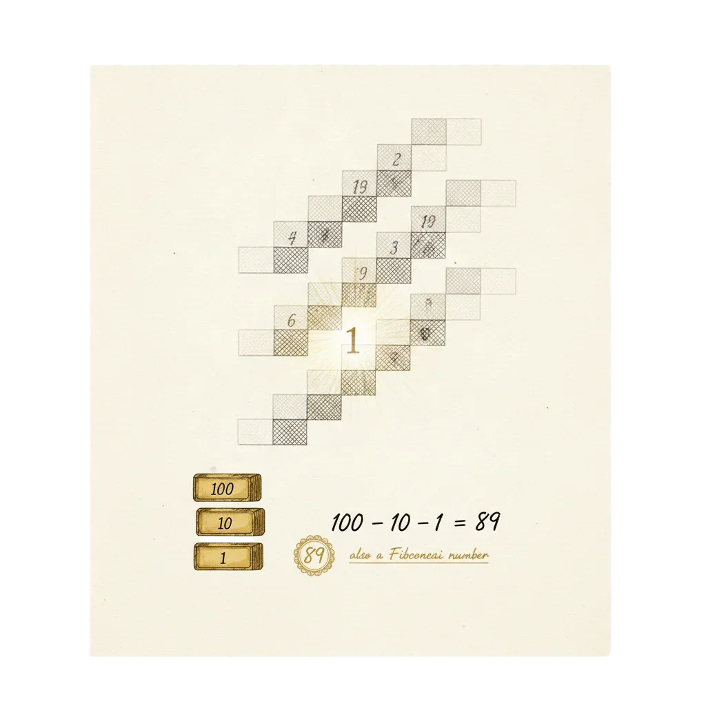 Three translucent staircases offset and overlapping, nearly everything cancelling out leaving a single glowing 1, with 100 minus 10 minus 1 equals 89 shown as stacked gold blocks
