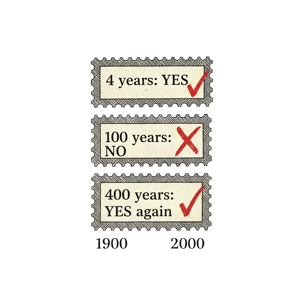 Three stacked stamps reading 4 years YES, 100 years NO, 400 years YES, with examples 1900 and 2000
