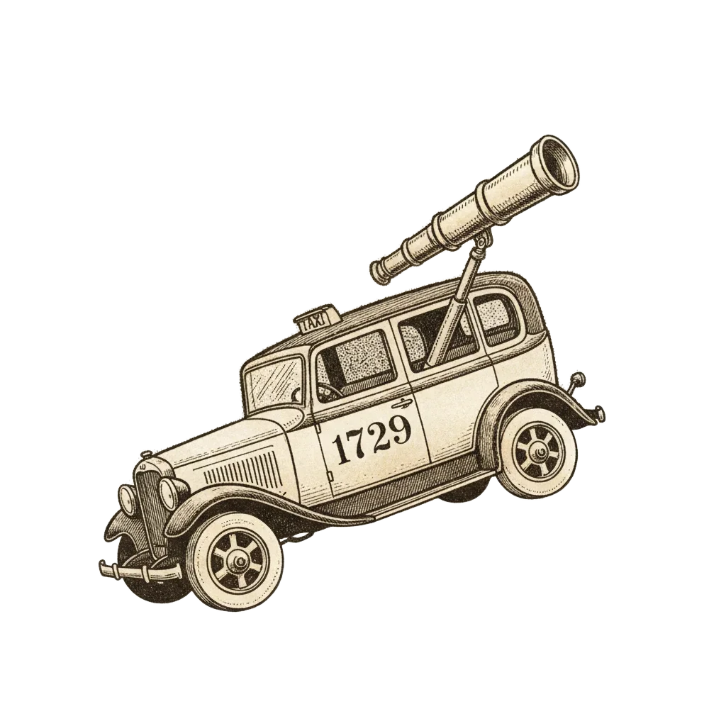 A vintage 1920s taxi with the number 1729 on its door parked beneath a starry sky, a telescope poking from the window