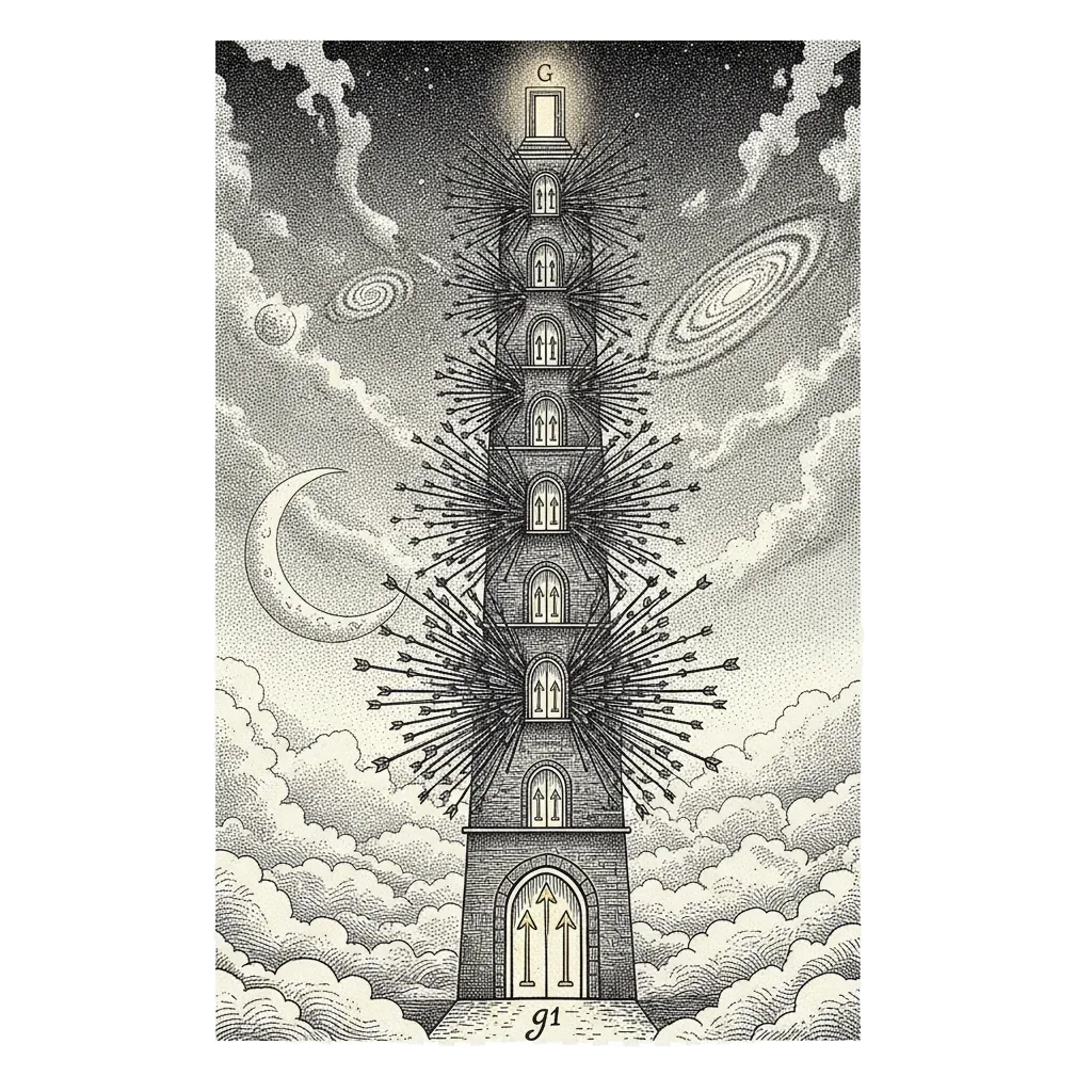 Dramatic symbolic 64-storey tower rising past the Moon and galaxies into space, ground floor labelled g1, top floor marked G
