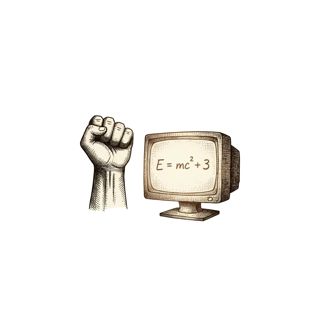 Ink vignette of a raised fist in celebration beside a glowing computer screen, a small number 3 glowing in the background