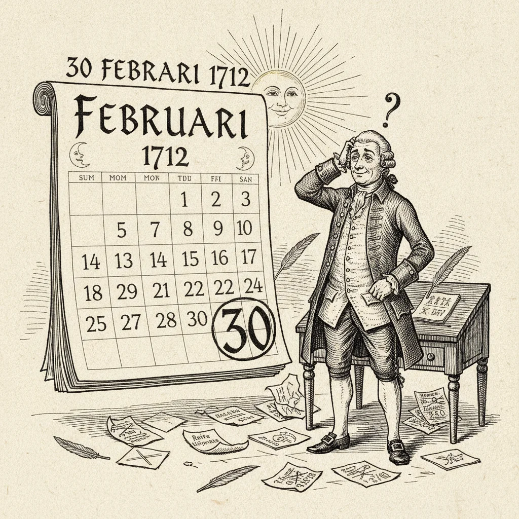 A Swedish calendar page for February 1712 boldly showing a 30 at the end, with a puzzled 18th-century official scratching his head beside crossed-out plans