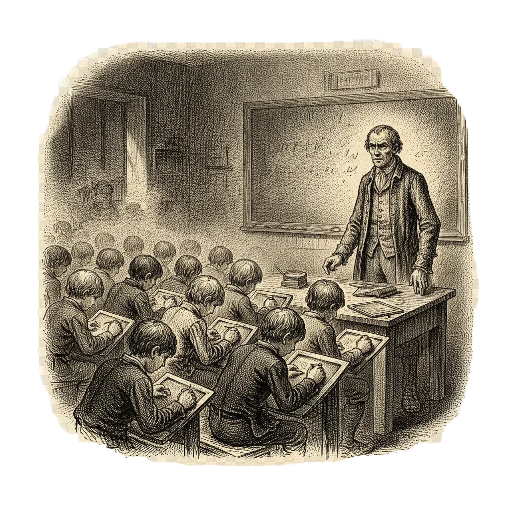 Atmospheric ink illustration of an 18th-century village schoolroom, boys hunched over slates, a single slate face-down on the teacher's desk
