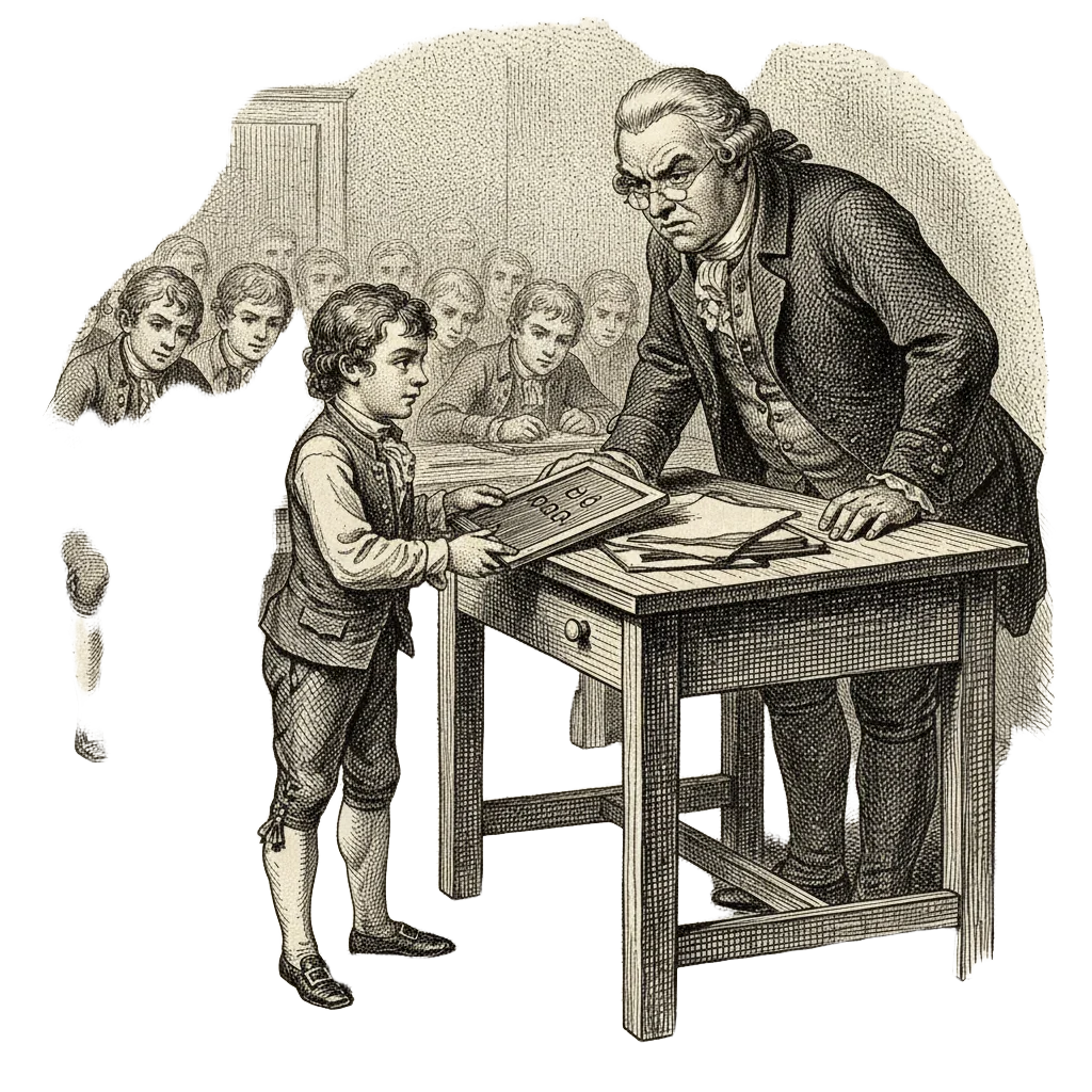 Ink illustration of young Gauss placing his slate on the teacher's desk, the schoolmaster looking puzzled, other boys still scribbling behind