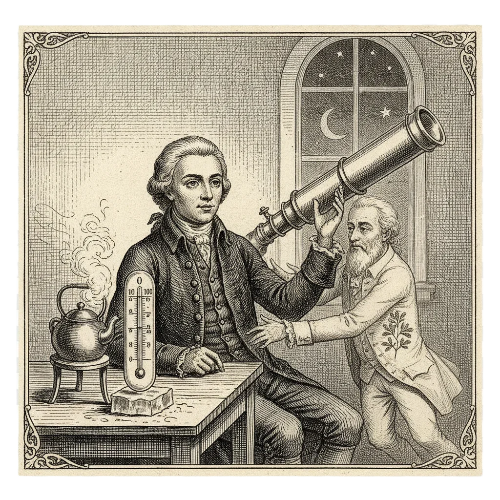 Celsius at his desk in Uppsala observatory with an upside-down thermometer, and a ghostly figure of Linnaeus gently turning it the right way up