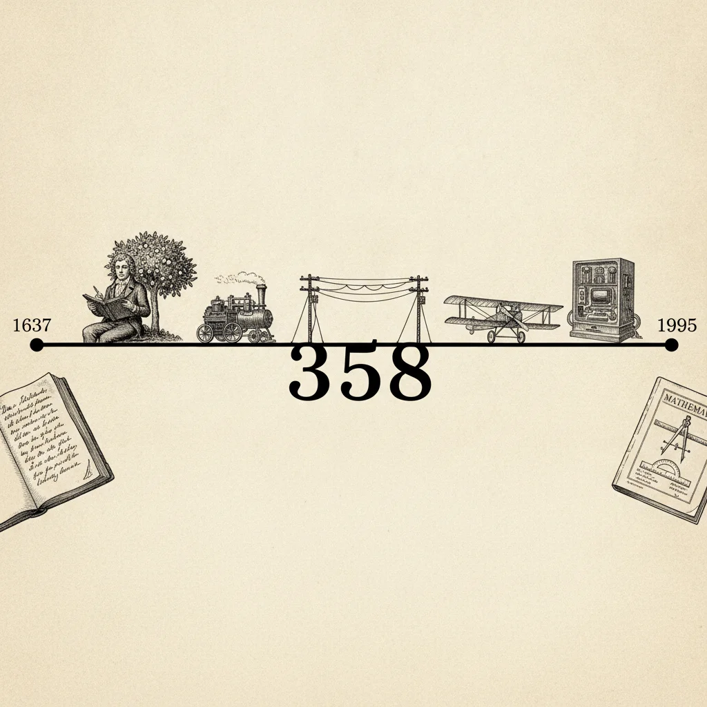 Timeline ribbon from 1637 to 1995 with small icons - Newton, a steam engine, a telegraph, an aeroplane, an early computer - and the number 358 spanning the whole ribbon