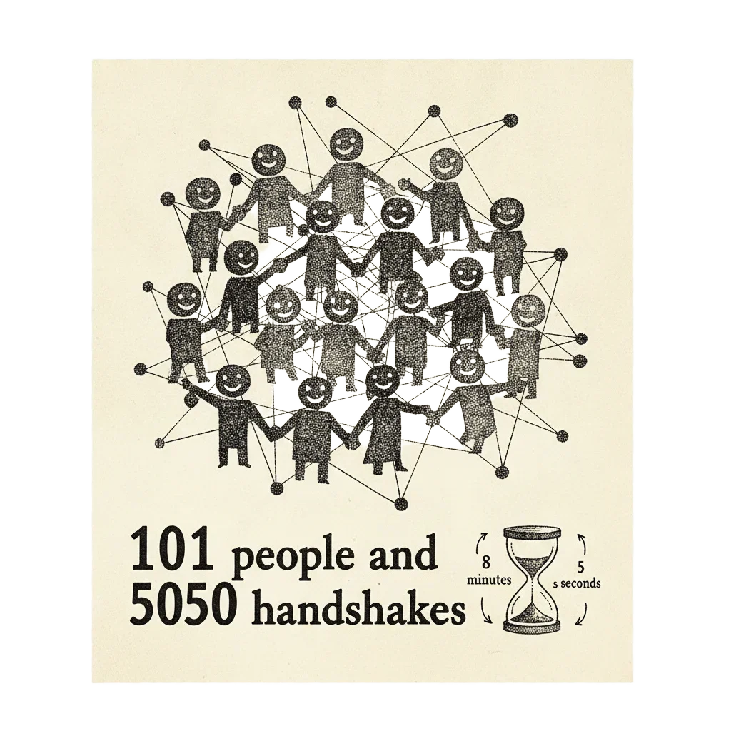 Playful illustration of figures with handshake lines criss-crossing between 101 people, forming a dense web, with a caption 5050 handshakes