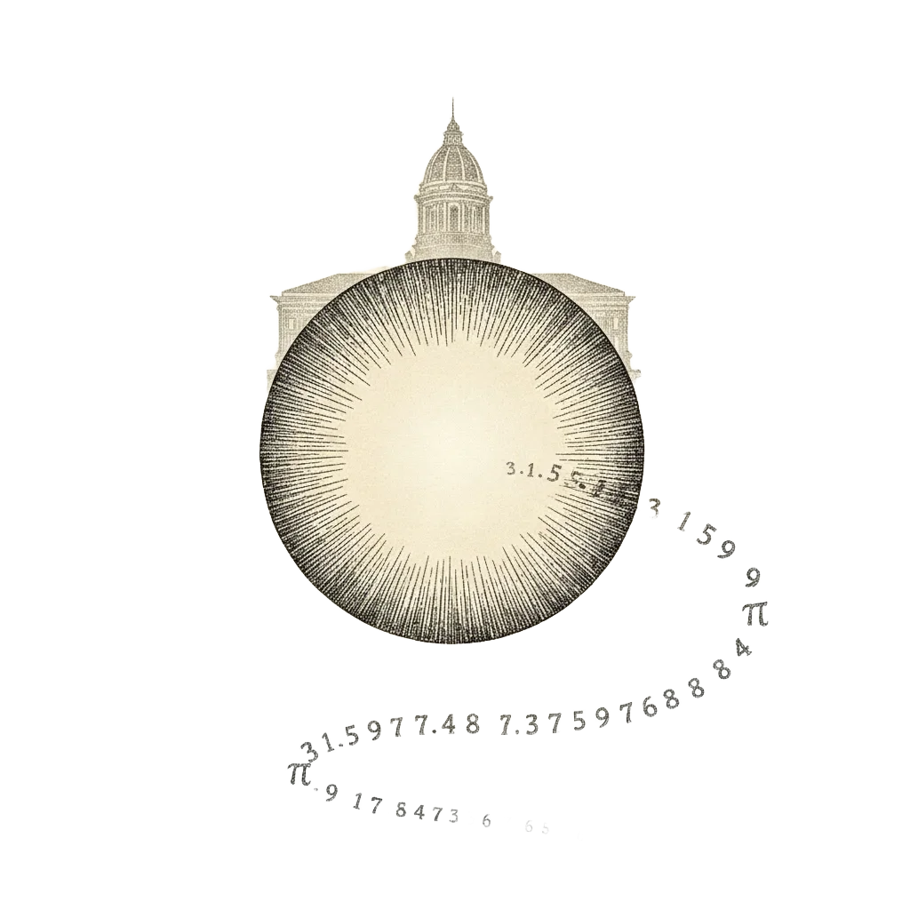 Reflective symbolic ink illustration: a single perfect circle drawn by a compass, glowing softly, with the Indiana State House in faint silhouette behind it and digits of pi spiralling gently outward