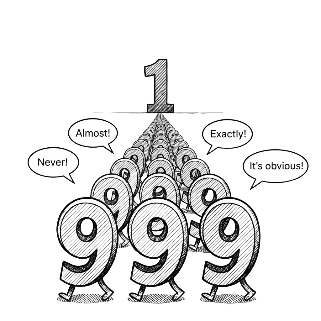 A parade of nines marching toward the horizon where a calm numeral 1 waits, with speech bubbles reading Never, Almost, Exactly