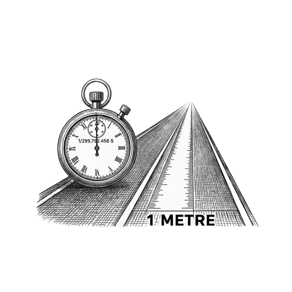 A beam of light racing along a track with a stopwatch showing a tiny fraction of a second; the stretch covered in 1/299,792,458 of a second is marked out and labelled 1 metre
