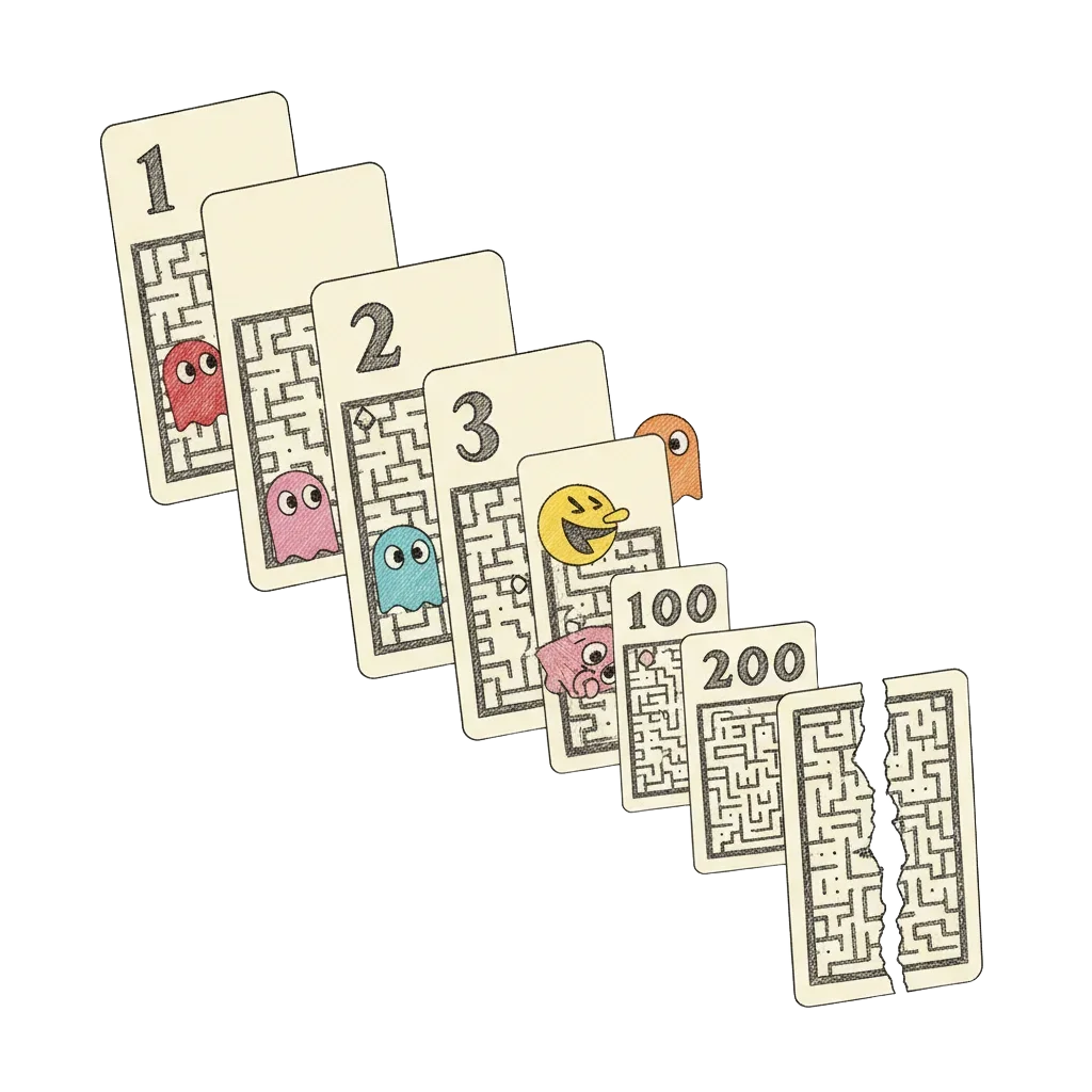 A sequence of Pac-Man maze cards stacked like a deck, numbered 1, 2, 3 through 200, with the last card torn in half