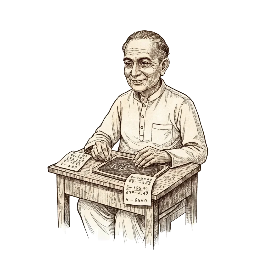 Warm ink etching of Kaprekar, an older Indian schoolteacher, seated at a small desk on a veranda with sheets of four-digit number chains around him and a gentle, contented expression