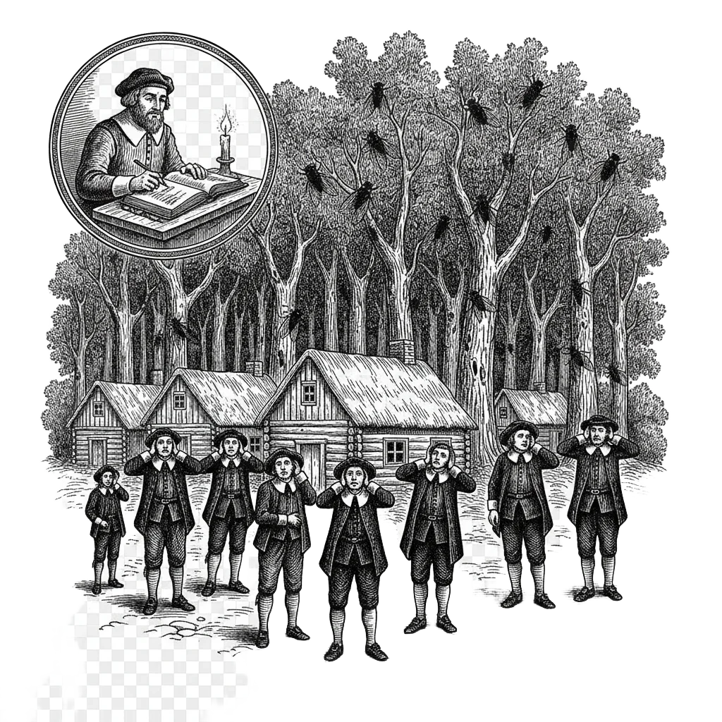 Ink illustration of Plymouth Colony colonists in Puritan clothing looking bewildered as cicadas crawl through the forest around them, with a small inset of Governor Bradford writing by candlelight