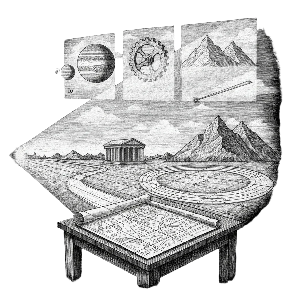 A beam of light sweeping across a landscape leaving ruler markings on everything it touches, with ghostly vignettes of Jupiter, a toothed wheel, two mountains and a laser in the sky