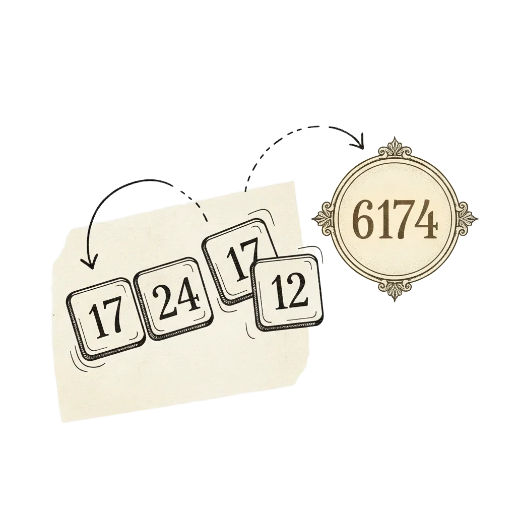 Four digit tiles 1, 7, 2, 4 shuffling between 1724 and 1742, with an arrow pointing to 6174