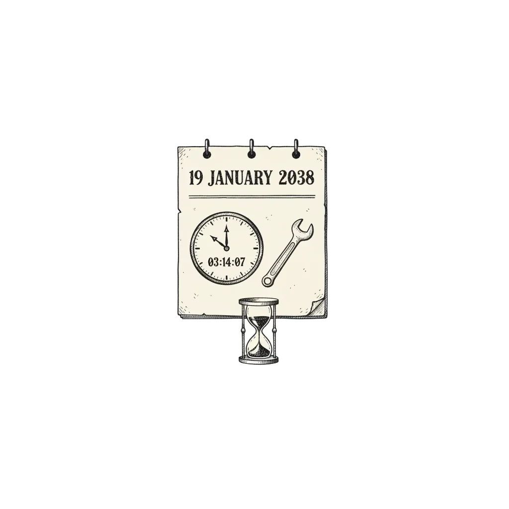 A calendar page for 19 January 2038 with a clock reading 03:14:07 and a small spanner beside it