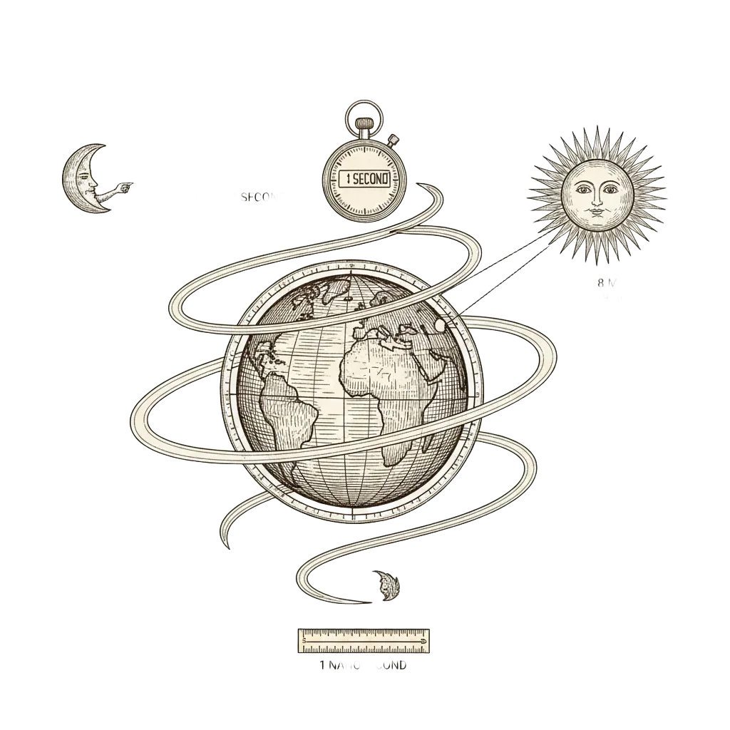 Scale illustration: a light beam wrapping around Earth 7.5 times in 1 second, a beam to the Moon labelled 1.3 seconds, a beam from the Sun labelled 8 minutes 19 seconds, and a small ruler labelled 1 nanosecond