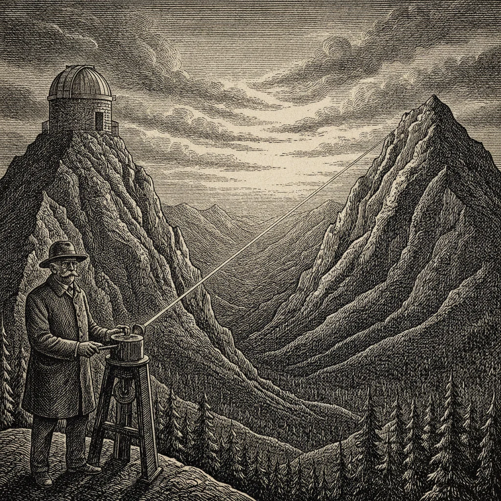 Two mountain peaks in 1920s California with a light beam between them and a determined scientist in a heavy coat standing by the rotating mirror apparatus at dawn