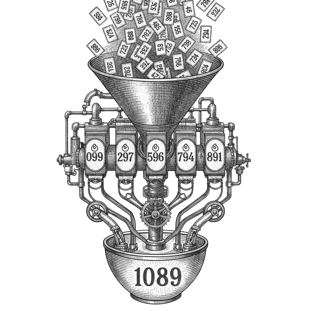 A whimsical sorting machine: hundreds of three-digit number cards pour in at the top, narrow into nine labelled slots, pair with their reverses, and all collapse into a single glowing 1089 at the bottom