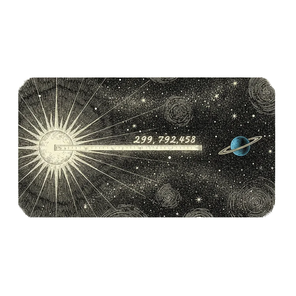 A single beam of light crossing dark starry space from the Sun toward Earth, with a fine measuring tape etched along it bearing the number 299,792,458