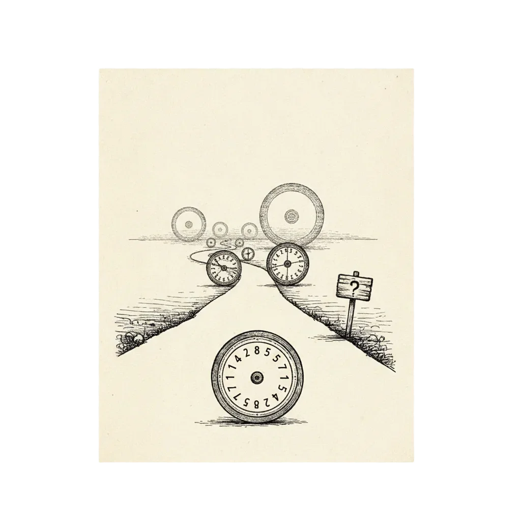 A long road stretching into the distance dotted with digit wheels of growing size, the nearest small and clear showing 142857, those further away larger and hazier, a signpost reading question mark at the edge of what is known