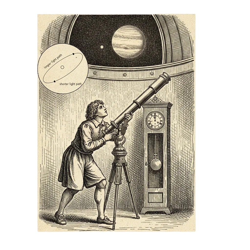 17th-century Paris Observatory interior with a young astronomer at a brass telescope, a pendulum clock, and Jupiter with Io visible through the dome