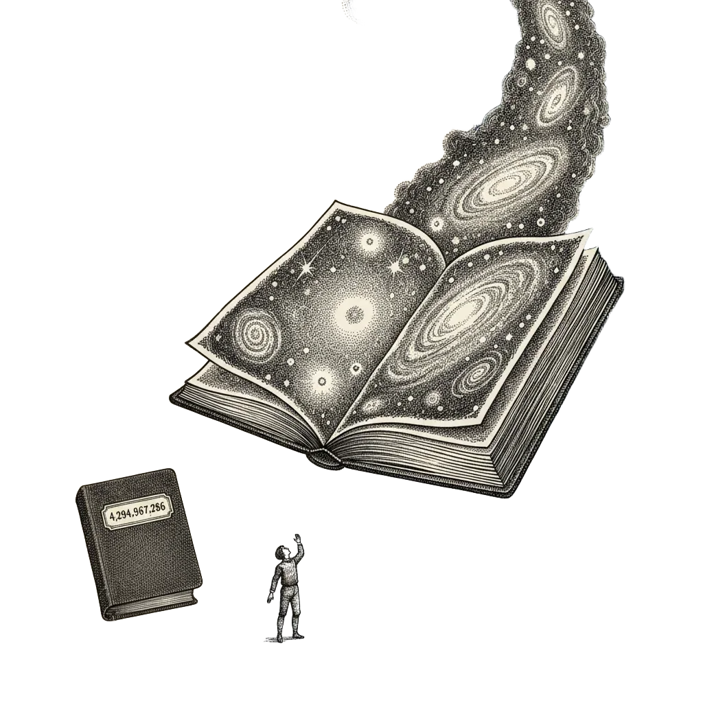 A small address book labelled 4,294,967,296 beside an address book so vast it stretches into space, its pages becoming galaxies, a tiny figure standing between them looking up