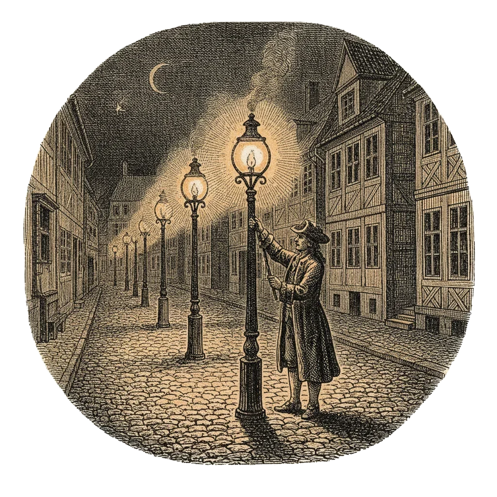 18th-century Copenhagen street at night with newly lit oil lamps and a figure in a long coat inspecting them