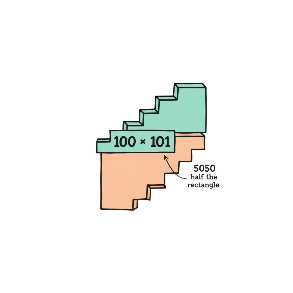 Two coloured block staircases sliding together into a perfect rectangle labelled 100 x 101, showing 5050 is half