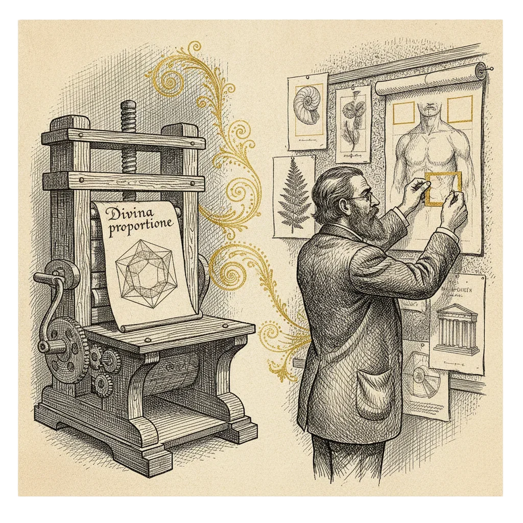 A Renaissance printing press producing Divina proportione on the left, and a 19th century scholar pinning golden rectangles onto drawings of bodies and temples on the right, with golden spirals multiplying across the scene