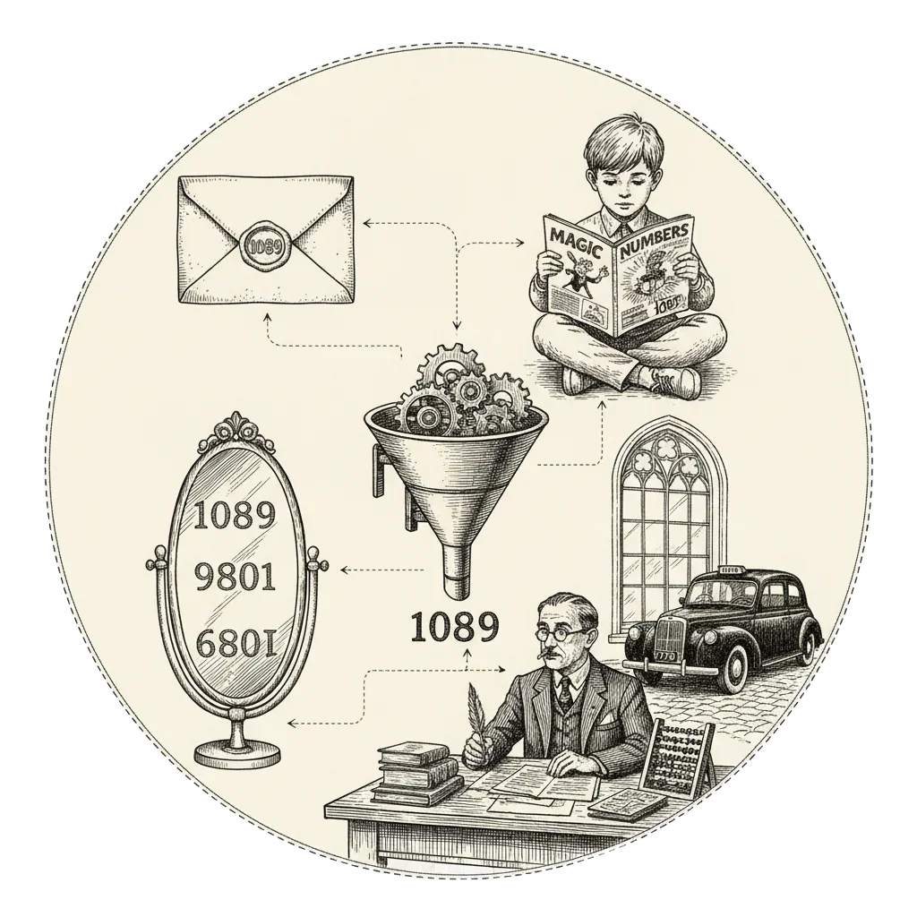 A recap panel combining the sealed 1089 envelope, the boy with the magazine, the sorting machine, the mirror with 1089 and 9801, and Hardy at his desk with the 1729 taxi