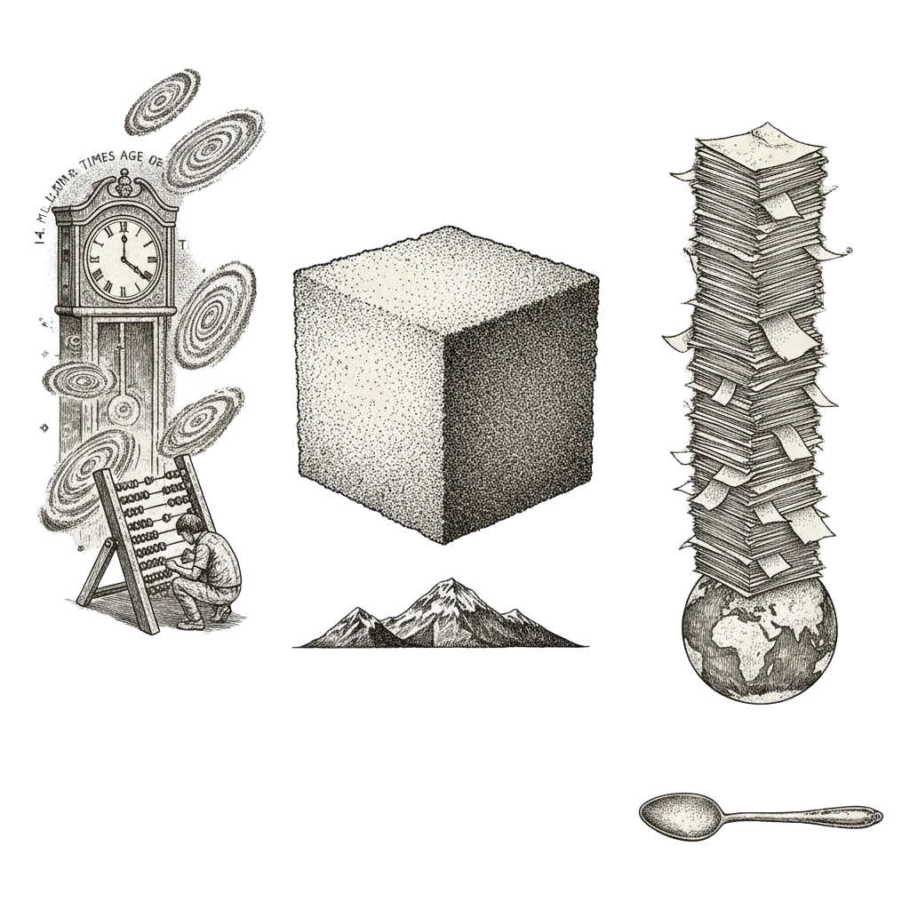 A three-part scale illustration: a figure counting at an abacus against galaxies, a colossal cube of sand next to Mount Everest, a stack of paper rising to the stars, and a single spoonful of water labelled 1 mole in the corner