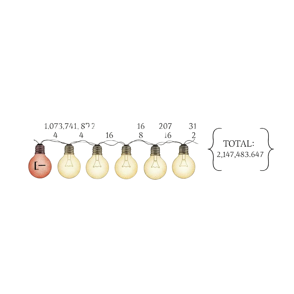 A row of 32 light switches, the first red labelled plus-or-minus, the other 31 glowing gold, with doubling values above and a total of 2,147,483,647