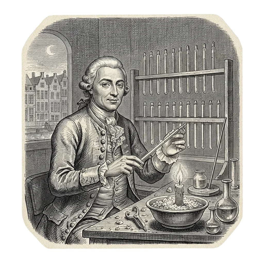 Fahrenheit in his 18th-century Dutch workshop sealing a glass thermometer tube over a candle flame, rows of thermometers drying on a rack, a bowl of ice and salt on the bench