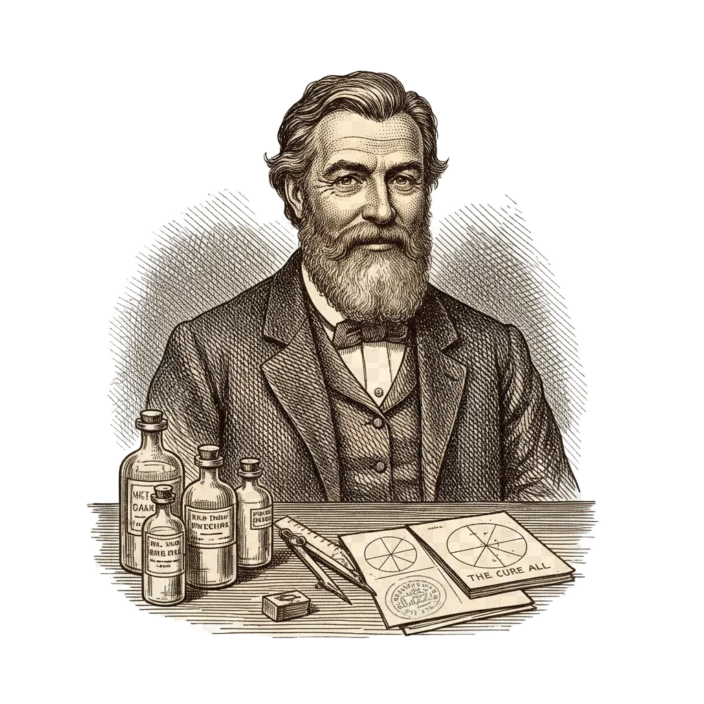 Ink portrait of an earnest bearded 19th-century doctor at a cluttered desk covered in circles, compass arcs, and a copyright stamp, looking proud and hopeful