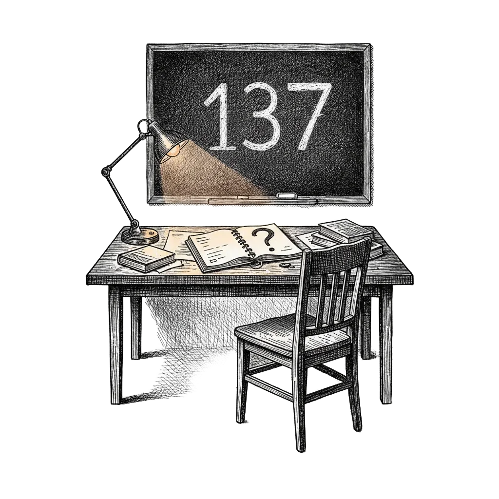 An empty study at night, a desk lamp on, the chalk number 137 on a blackboard, an open notebook with a question mark waiting