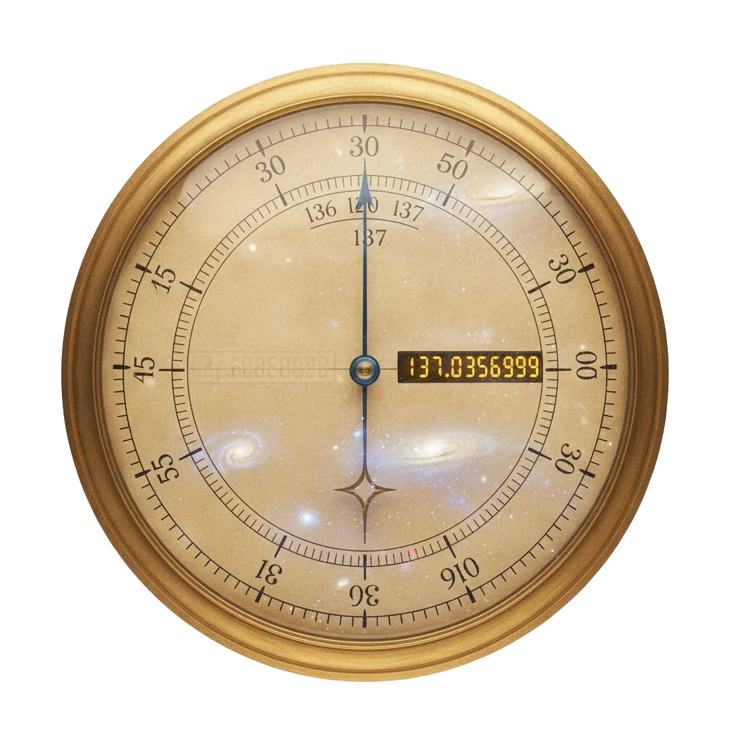 An elegant brass observatory dial with the needle resting at 137.035999, faint ghost marks at 136 and 137, stars visible through the glass face